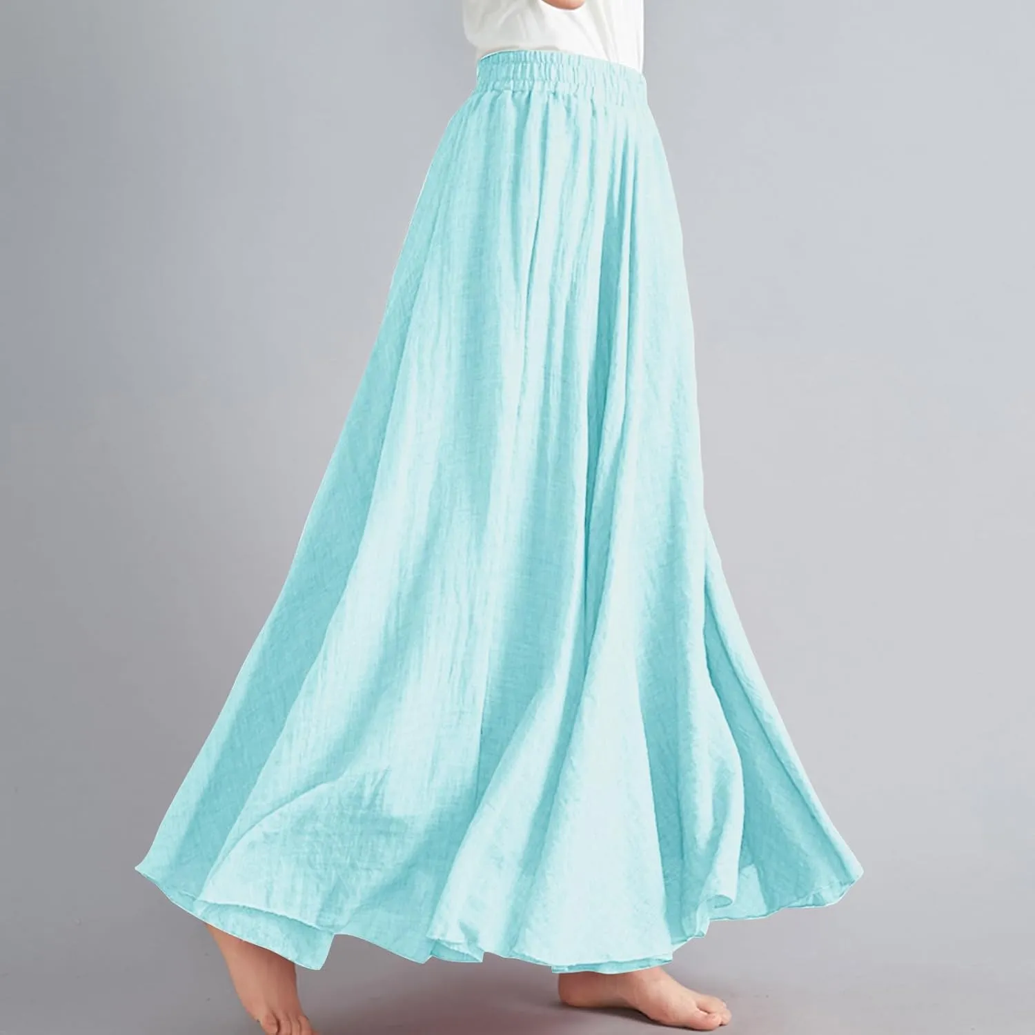 Womens Linen Maxi Skirts Summer Boho Solid Beach Elastic High Waist Pleated A-Line Flowy Swing Long Maxi Skirts