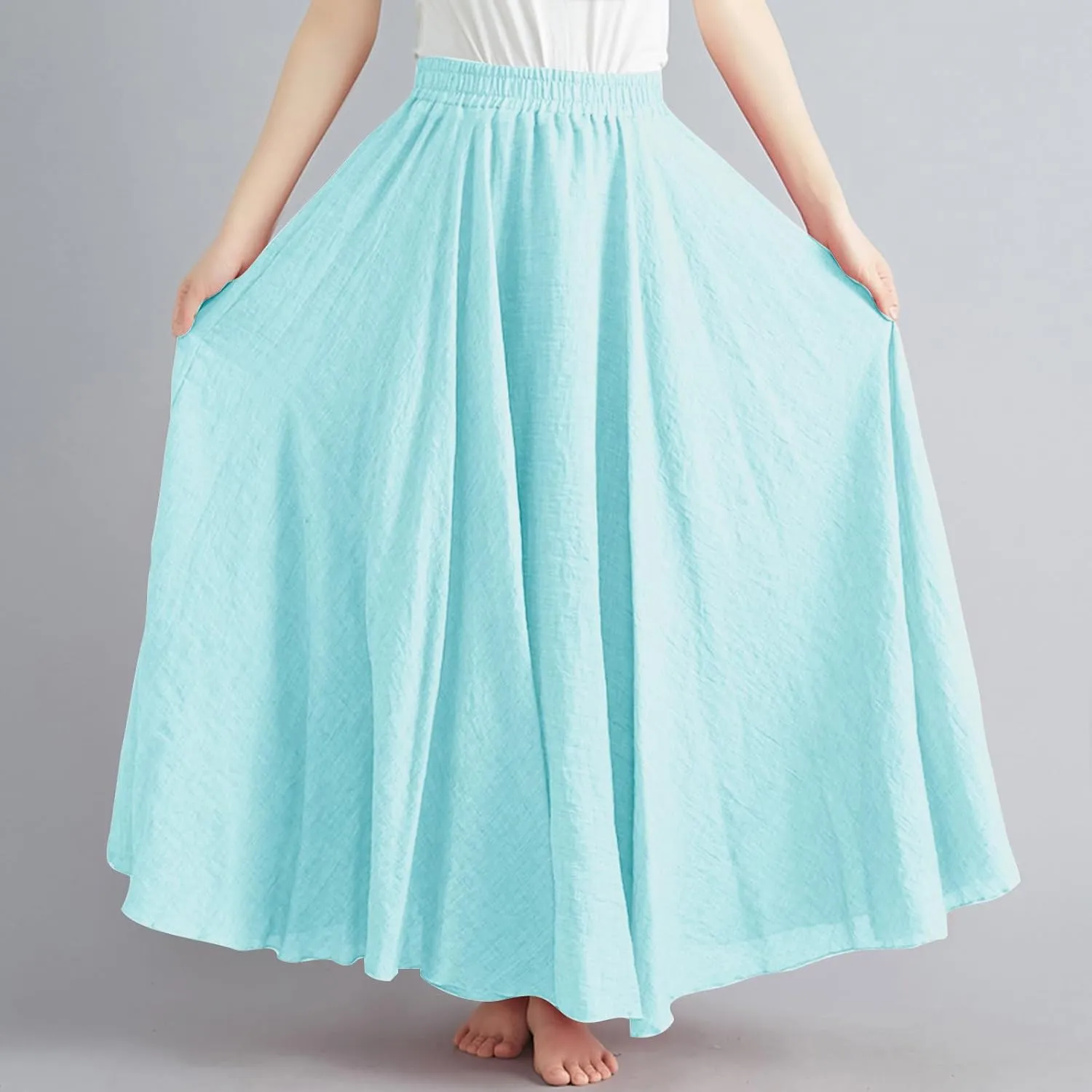 Womens Linen Maxi Skirts Summer Boho Solid Beach Elastic High Waist Pleated A-Line Flowy Swing Long Maxi Skirts