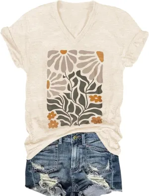 Women's T-Shirts V-Neck Dragonfly Tee Cute Summer Graphic Shirts Vintage Boho Flowers Short Sleeve T Shirt