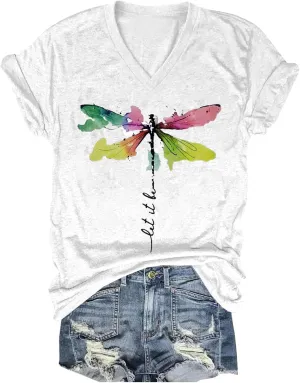 Women's T-Shirts V-Neck Dragonfly Tee Cute Summer Graphic Shirts Vintage Boho Flowers Short Sleeve T Shirt