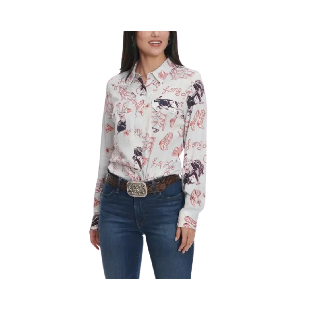Wrangler Retro Women's Ice Blue Print Long Sleeve Western Shirt