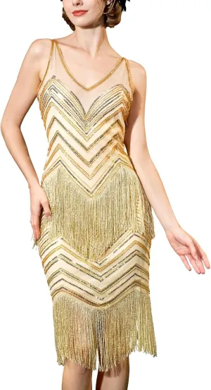 YESSA 1920s Flapper Dresses for Women,Lace V Neck Great Gatsby Dresses Fringed Roaring 20s Dresses