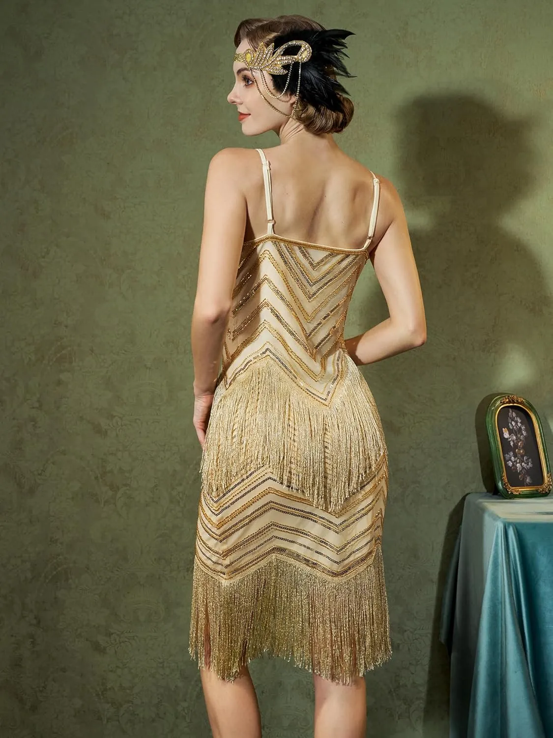 YESSA 1920s Flapper Dresses for Women,Lace V Neck Great Gatsby Dresses Fringed Roaring 20s Dresses