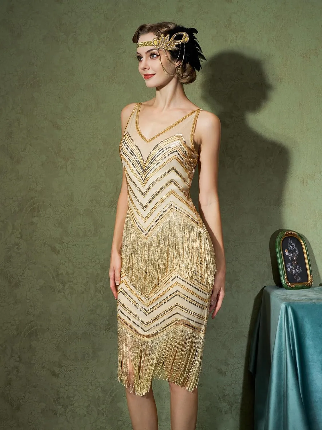 YESSA 1920s Flapper Dresses for Women,Lace V Neck Great Gatsby Dresses Fringed Roaring 20s Dresses