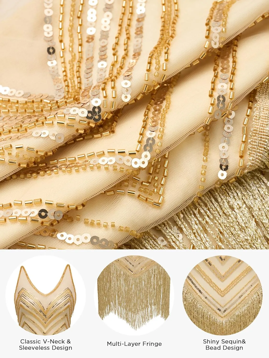 YESSA 1920s Flapper Dresses for Women,Lace V Neck Great Gatsby Dresses Fringed Roaring 20s Dresses
