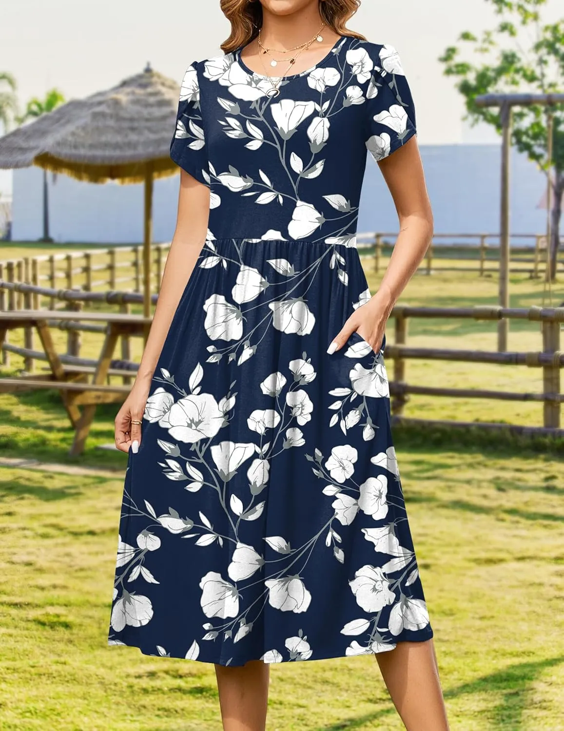Zeagoo Women Summer Short Sleeve Midi Dress with Pockets Casual Aline Flowy Tshirt Dress Floral Vocation Beach Sundress