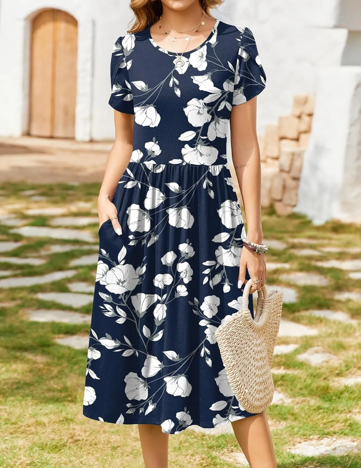 Zeagoo Women Summer Short Sleeve Midi Dress with Pockets Casual Aline Flowy Tshirt Dress Floral Vocation Beach Sundress