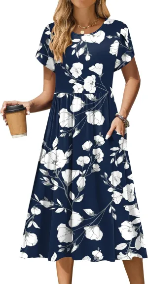 Zeagoo Women Summer Short Sleeve Midi Dress with Pockets Casual Aline Flowy Tshirt Dress Floral Vocation Beach Sundress