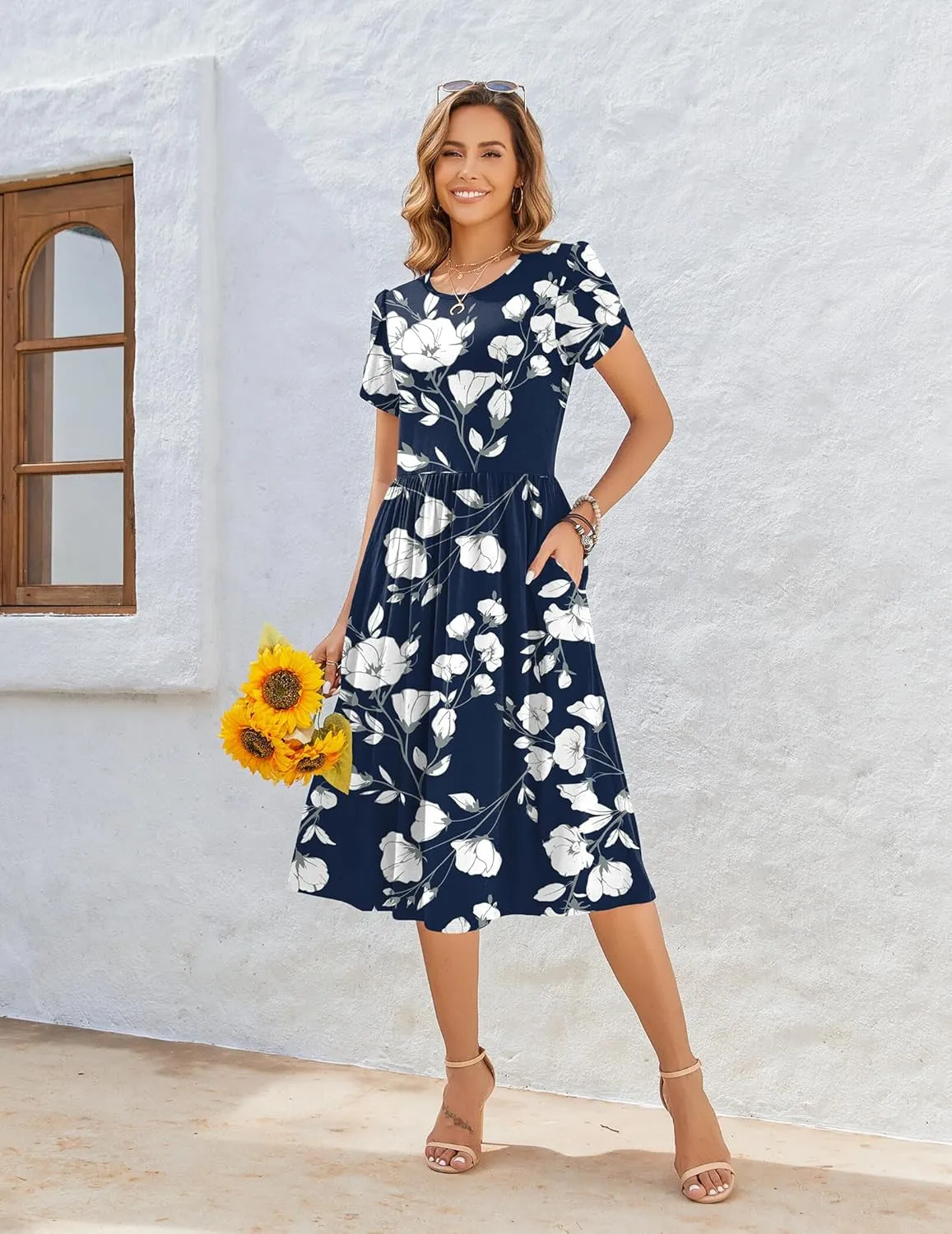 Zeagoo Women Summer Short Sleeve Midi Dress with Pockets Casual Aline Flowy Tshirt Dress Floral Vocation Beach Sundress
