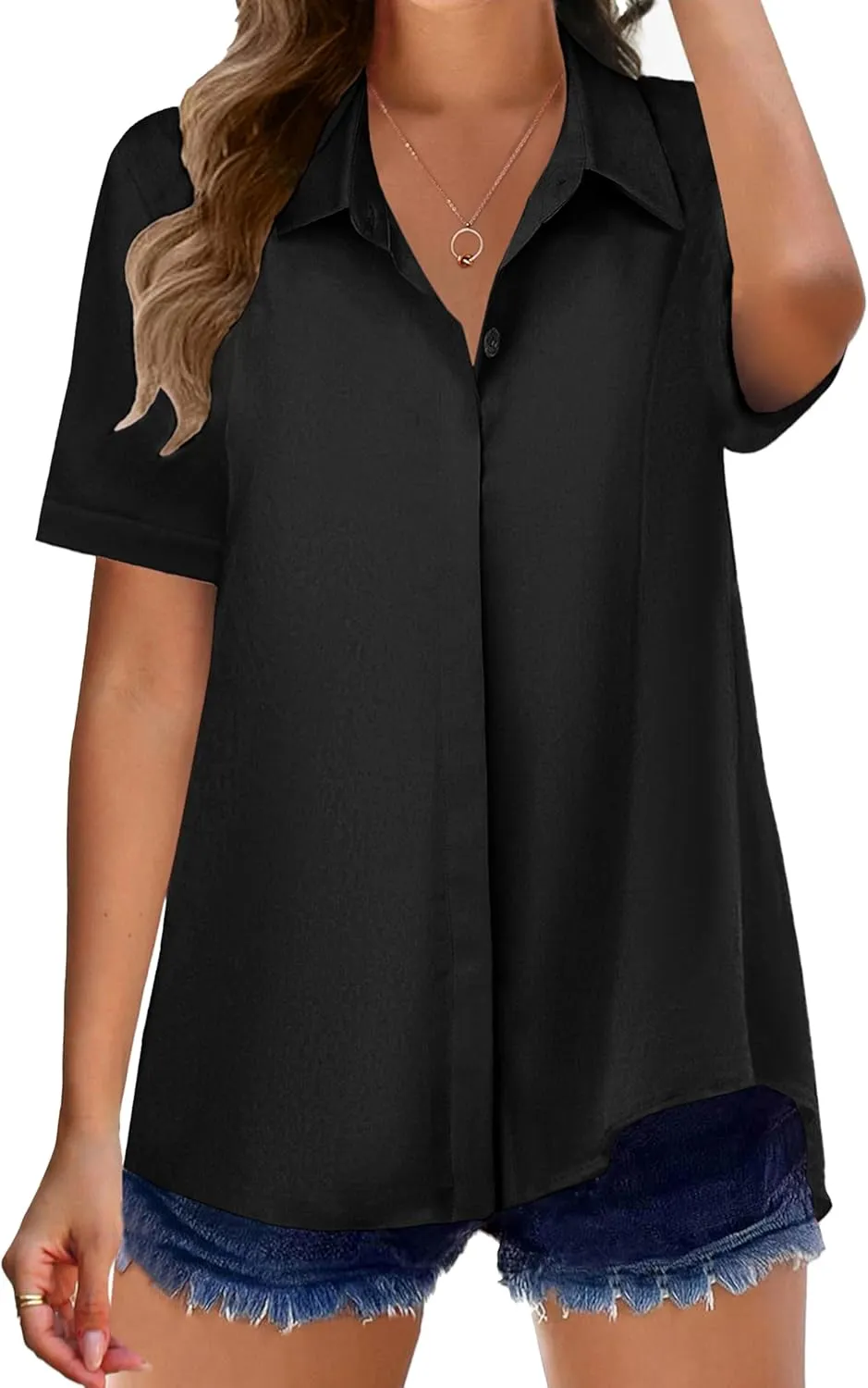 Zeagoo Womens Button Down Shirts Rolled Cuffed Short Sleeve Shirt Cute Collared Summer Casual Work Blouse